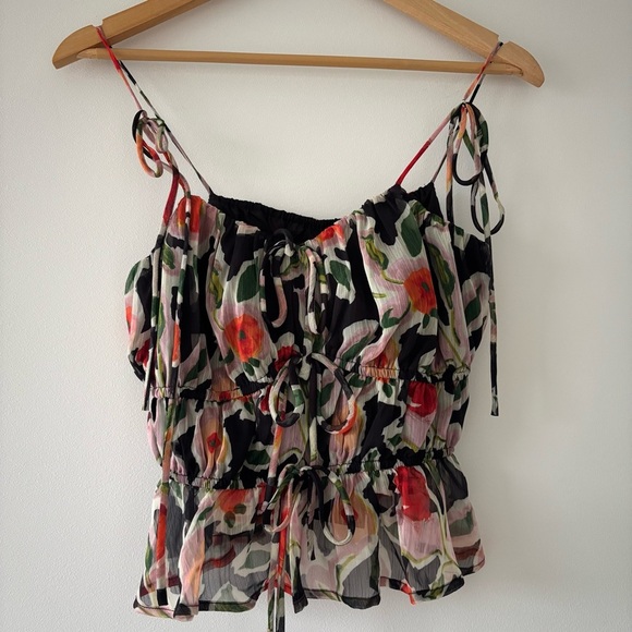 NWT En Saison Eden Chiffon Tank Top Blk Multicolor Floral Adjustable Tied Blouse - Picture 3 of 8